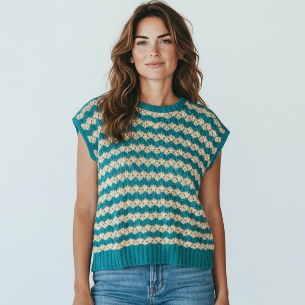 Vintage Teal and Tan Knit Sweater Vest